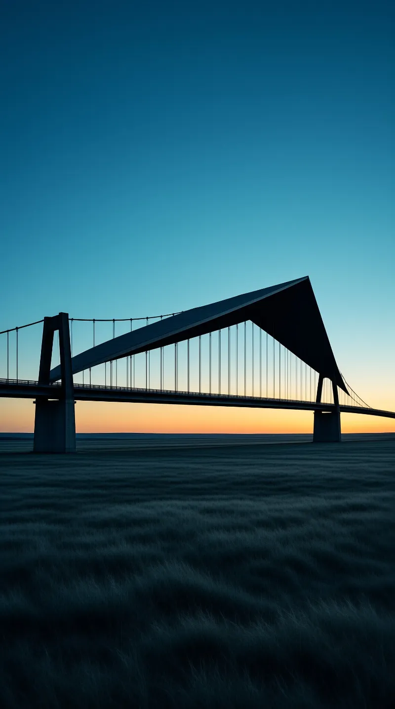 A dark suspension bridge spans a grassy field against a twilight sky fading from deep blue to warm orange.