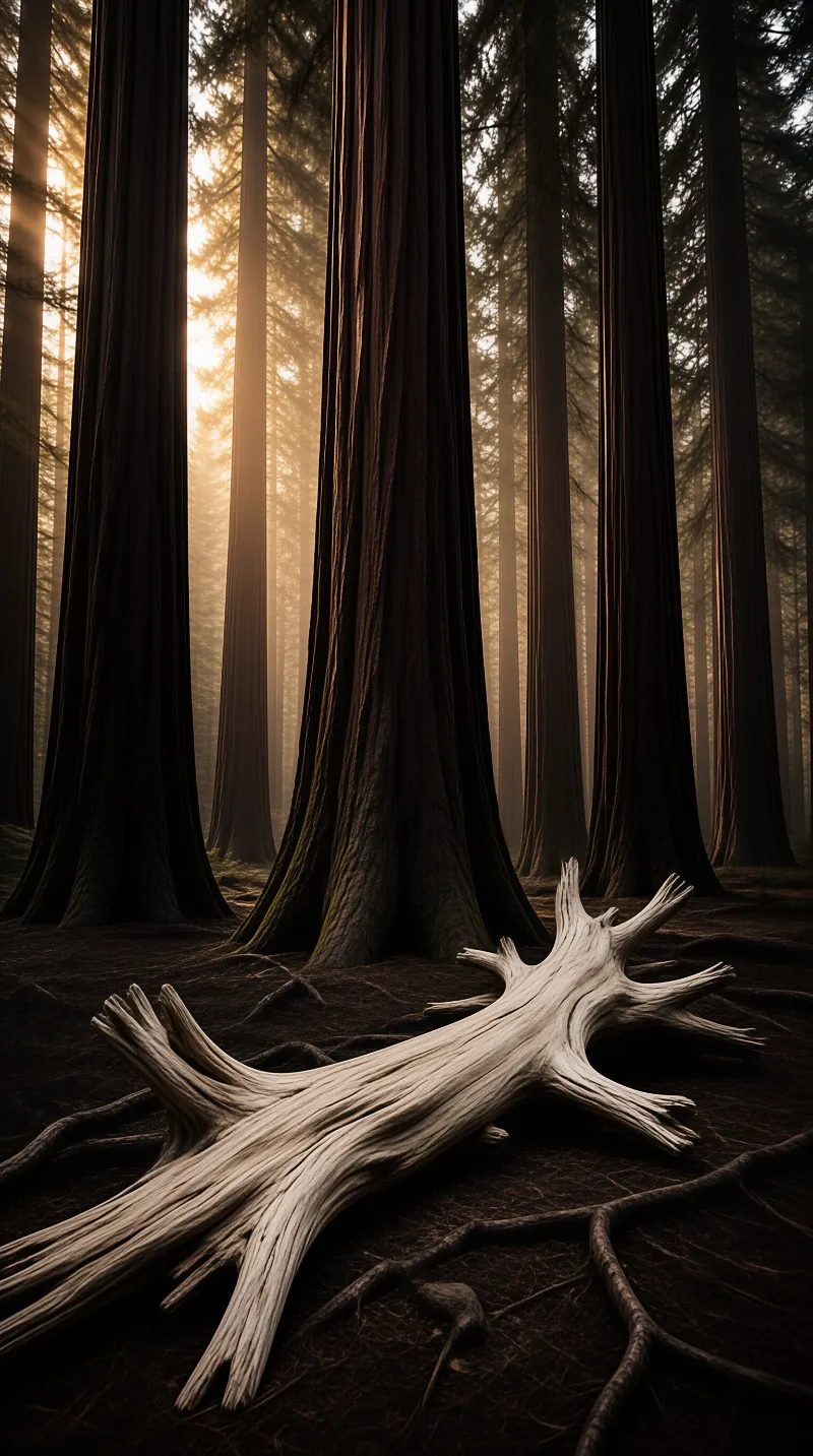 Towering trees surround a large fallen trunk on the forest floor as golden light beams cut through the mist.