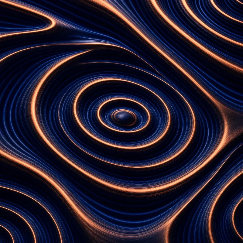Glowing copper curves ripple across a dark navy background forming concentric rings