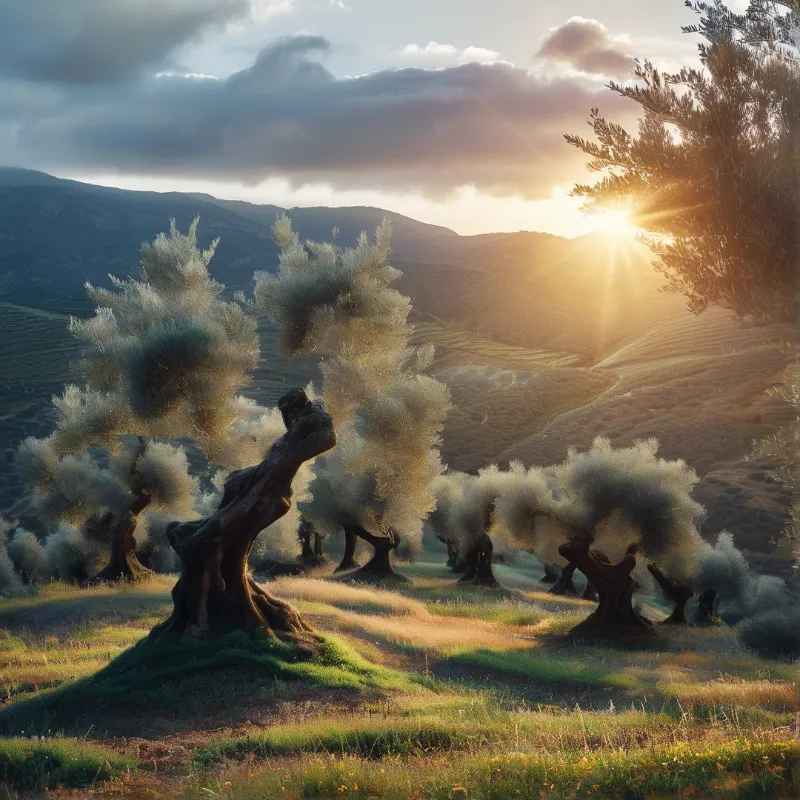 Gnarled old olive trees dot a green valley as the sun bursts through clouds over terraced hillsides.