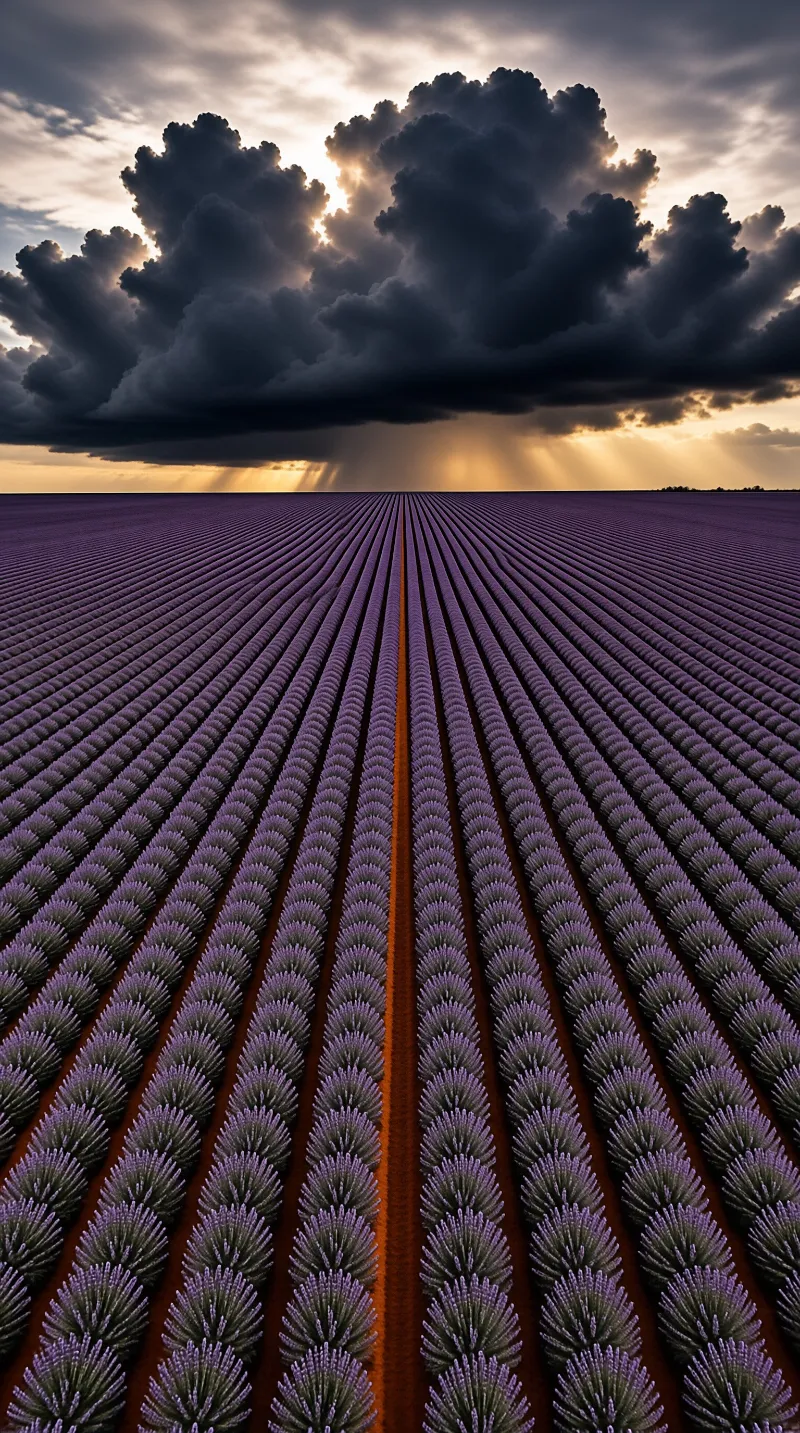 Purple lavender rows stretch across a field toward a horizon with dark clouds and golden sunbeams piercing the sky.