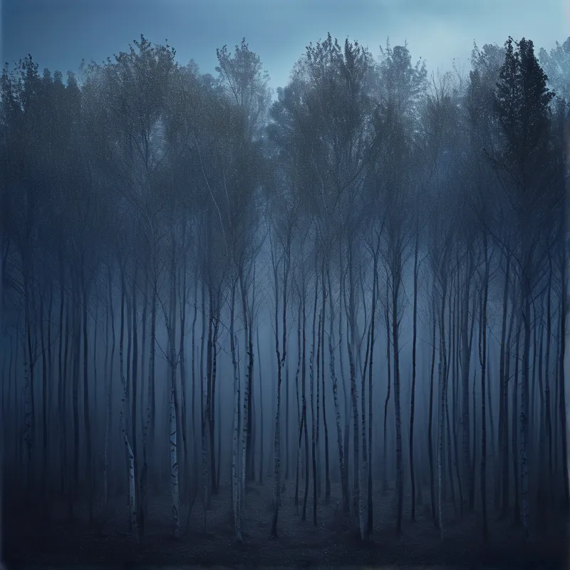 Tall white birch trees stand vertically in a dense forest shrouded by thick blue fog and dim twilight light.