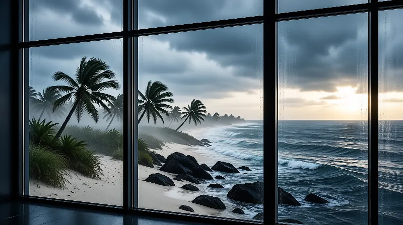 Rain streaked glass panes frame a windswept shore where palms bend over dark rocks beneath a clearing sky.