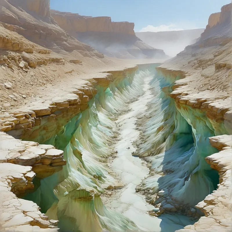 Steep arid cliffs frame a channel filled with smooth turquoise and white geological formations illuminated by bright sun.