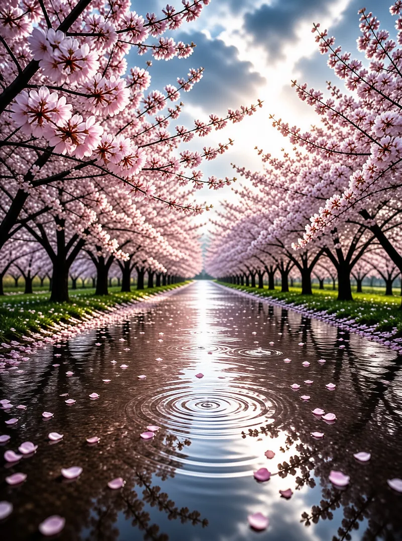 Rows of pink cherry blossom trees line a wet canal path where sunlight reflects on the water surface.