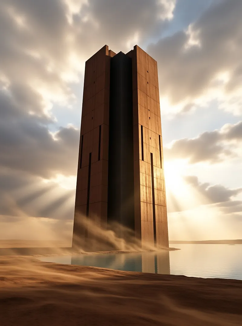 A massive brutalist concrete tower rises from shallow reflective waters, with dust drifting at its base and sunbeams breaking through clouds.