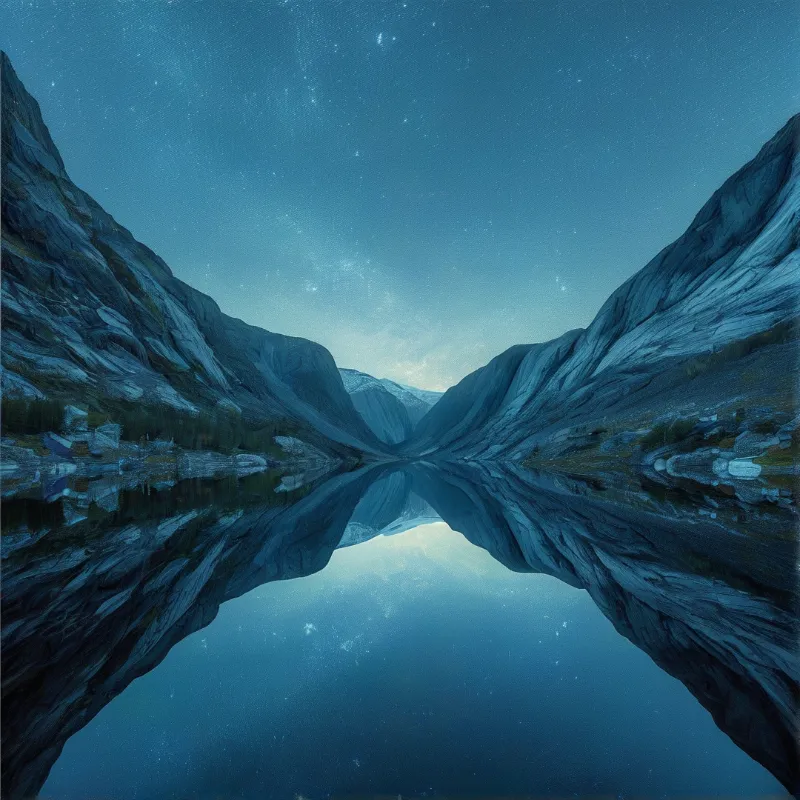 A symmetrical landscape shows steep rocky banks surrounding still water that reflects the vast starry blue night sky.