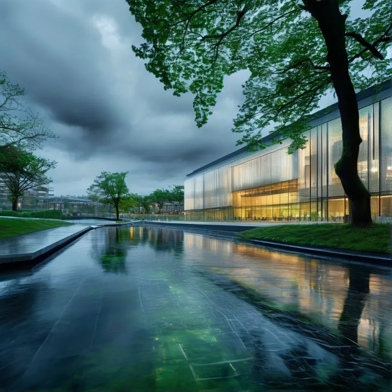 A modern glass building with warm yellow lights reflects on a wet stone plaza under a stormy blue hour sky with trees