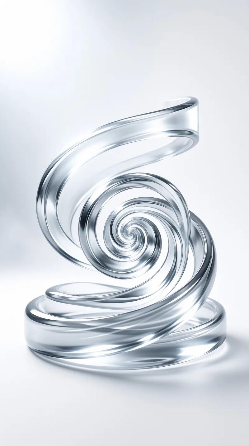 A glossy transparent spiral sculpture with silver reflections rests on a plain white surface illuminated by soft light