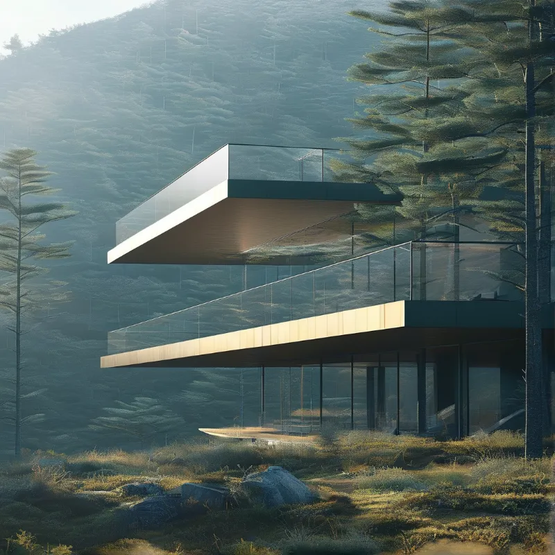 Cantilevered cabin on mossy slope with misty pines and golden light.