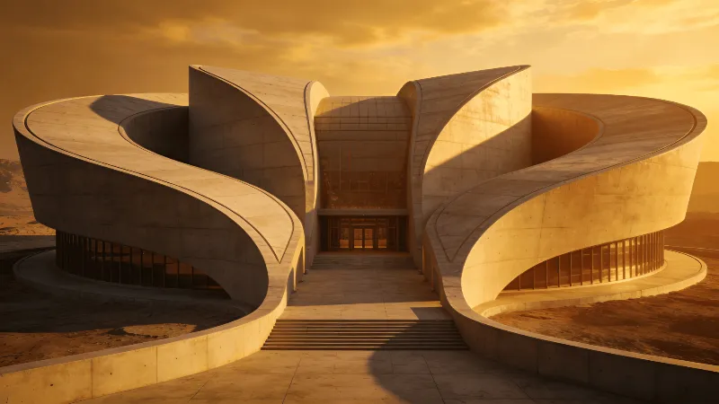 Museum with Curved Concrete — Golden Sunset