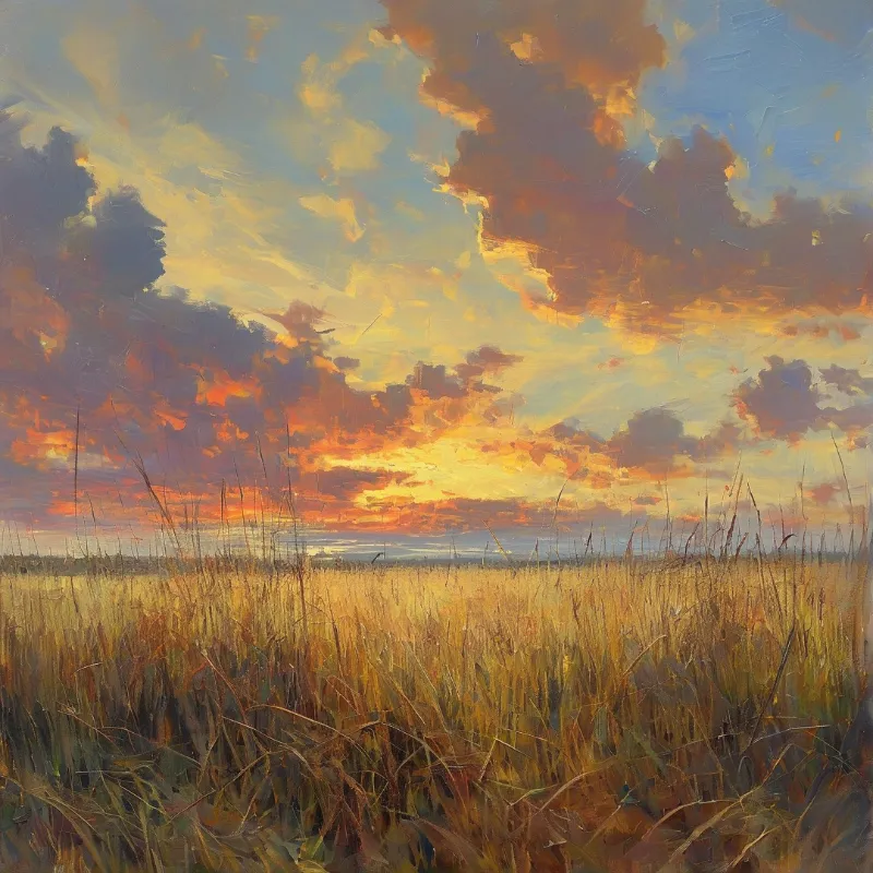 Thick brushstrokes sweep amber light across a grassy plain while dramatic clouds blaze overhead.
