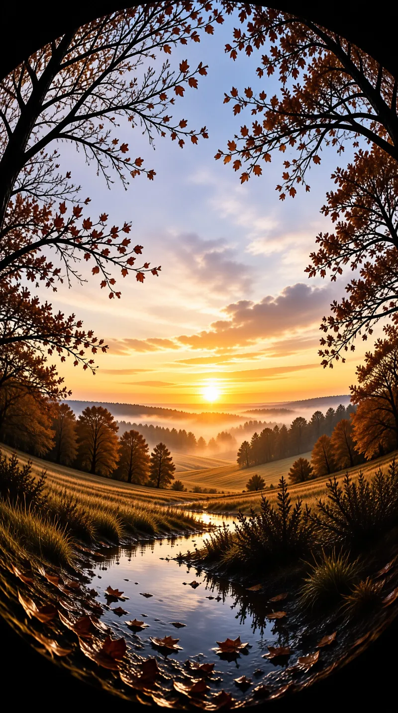 Scenic view from behind trees showing rolling hills, low fog, and a stream reflecting the colorful sky.