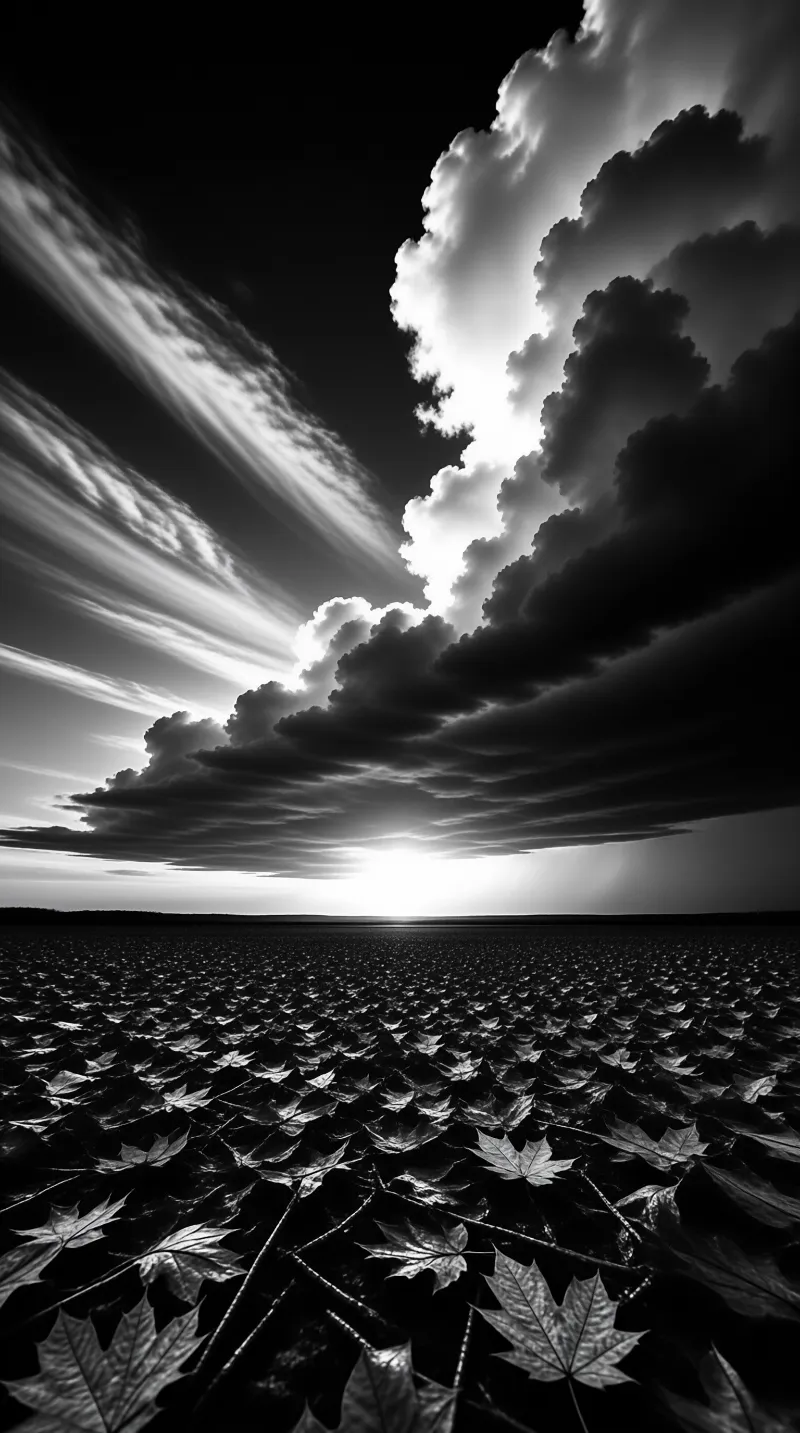 A field of fallen leaves lies under a dramatic sky where sunlight breaks through heavy clouds.