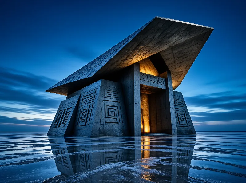 A sharp roofed shrine with carved square reliefs glows amber above mirrored shallows under a deep blue evening sky.