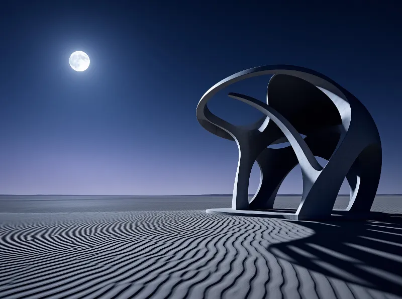 A large white abstract sculpture stands alone on rippled desert sand beneath a bright full moon in a deep blue night sky.
