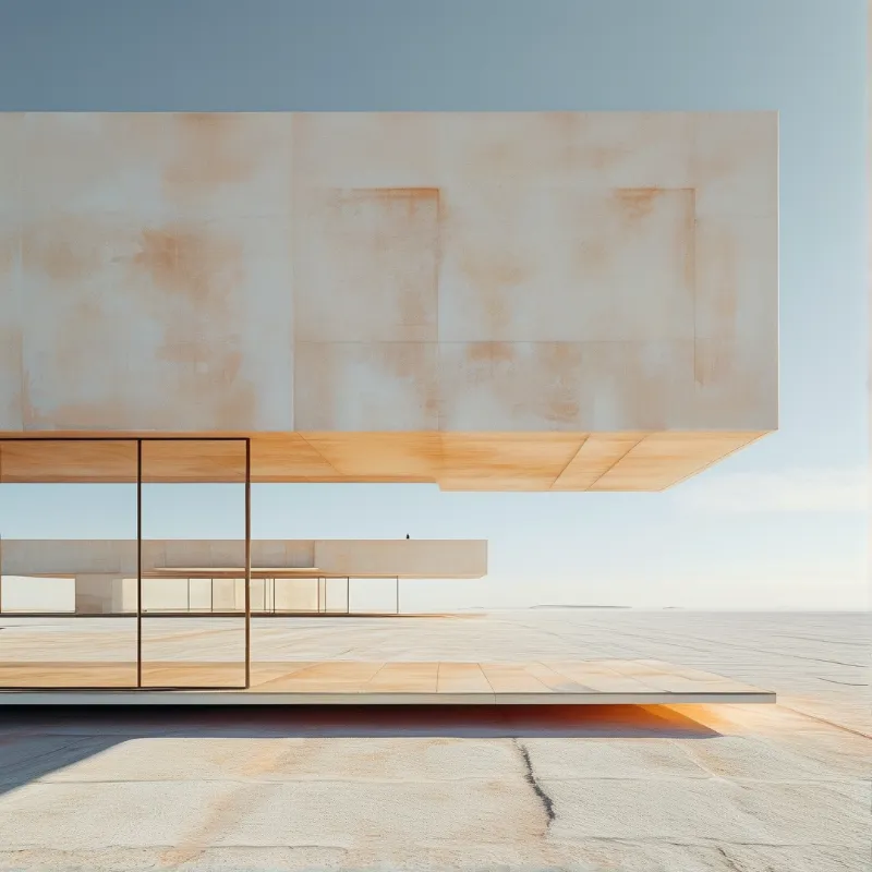 A minimalist building with beige concrete walls stands on a paved plain under clear blue sky, featuring glass lower section.