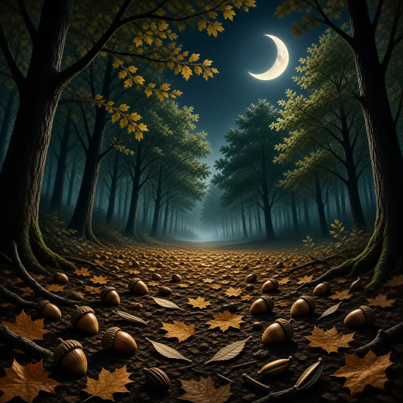 Nighttime view of a misty woodland path scattered with autumn foliage and acorns under a glowing crescent moon.