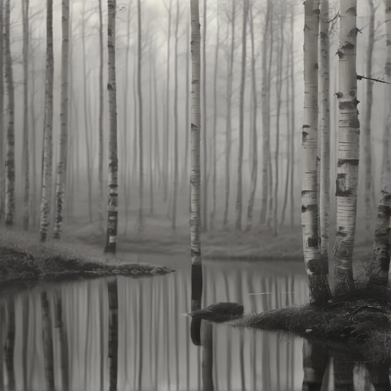Tall pale birch trunks stand vertically in a dense fog and cast long reflections into the dark water surface.