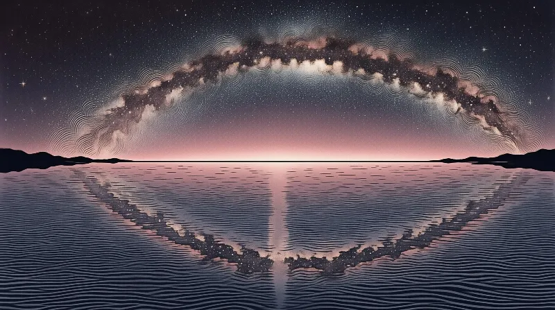 A luminous star band arches over a dark lake where its reflection forms a crossing pattern on rippled water