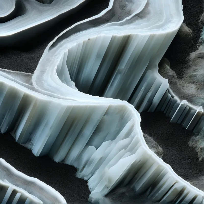 Detailed macro shot of a white geode slice with accordion-like crystals resting on dark sand.