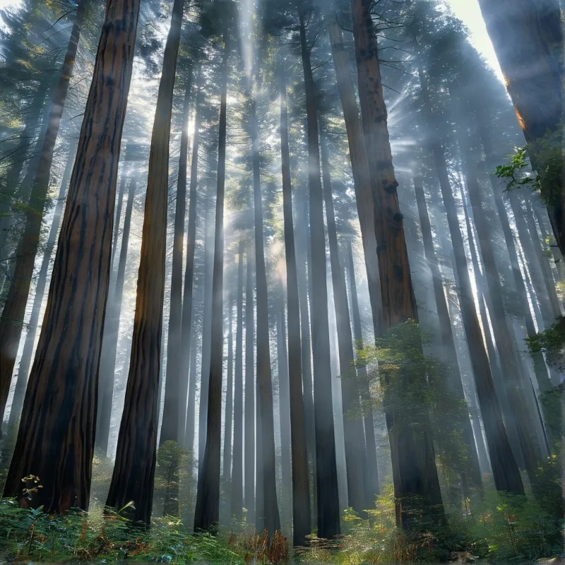 Massive redwood trunks stretch up through foggy forest as bright sunlight cuts through the misty overhead canopy.