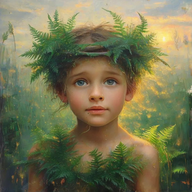 A young child adorned with green fern leaves stands in a grassy field during a warm sunset.