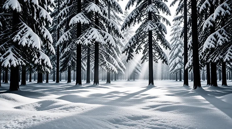 Snow laden pine trees stand in a misty forest with sunbeams filtering through the branches onto the white ground.
