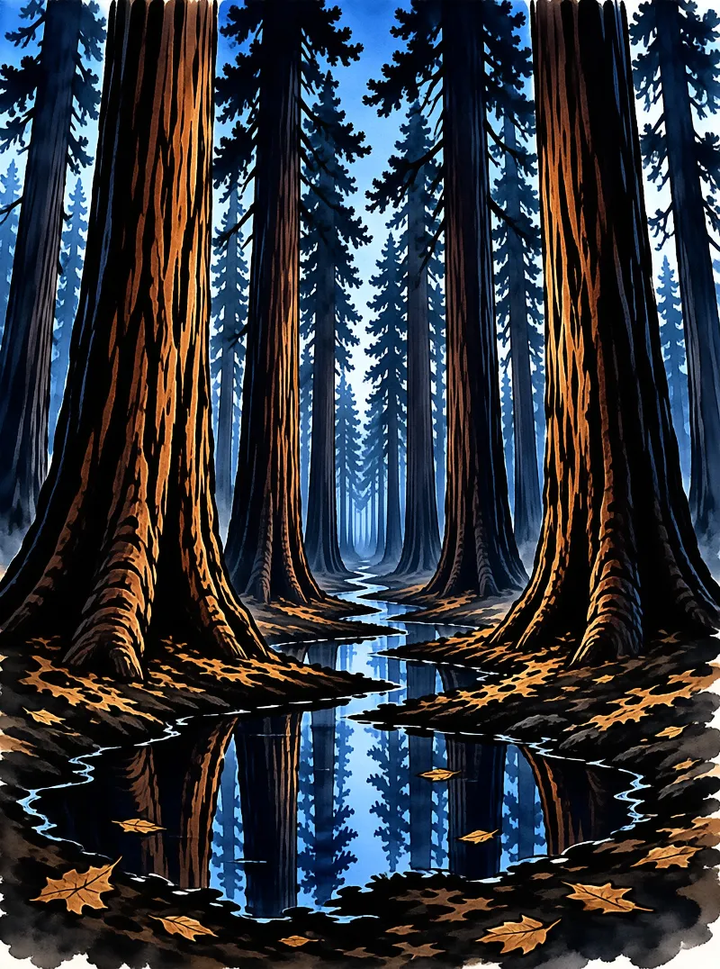 Tall rust bark columns recede into blue mist while a shallow stream doubles their reflection between fallen leaves.