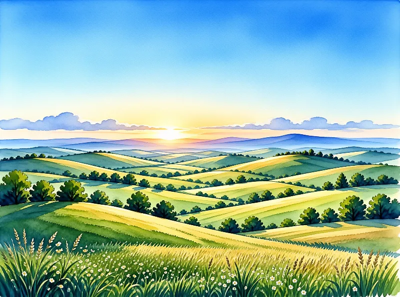 Painted rolling hills with trees and grass flowers extending towards a glowing sunrise on the horizon.
