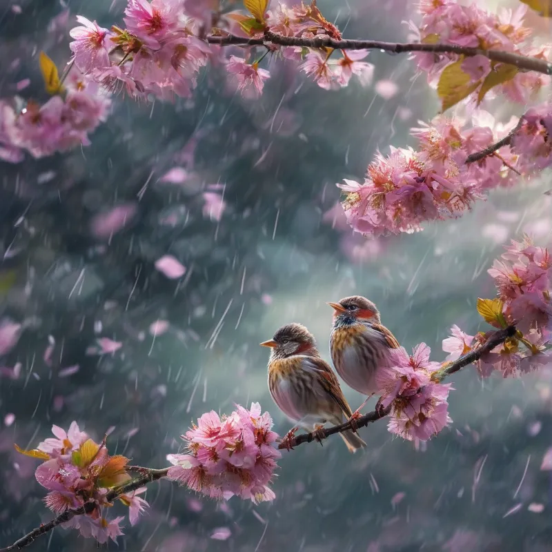 Two small birds sit on a tree branch surrounded by pink flowers and falling rain petals against a blurred green background.