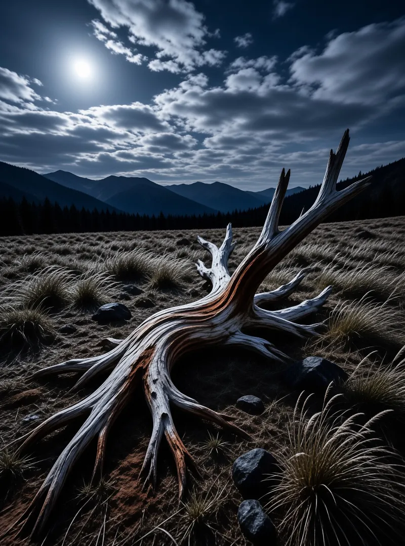 A weathered tree trunk curves across a grassy field with dark mountains and bright sun above.