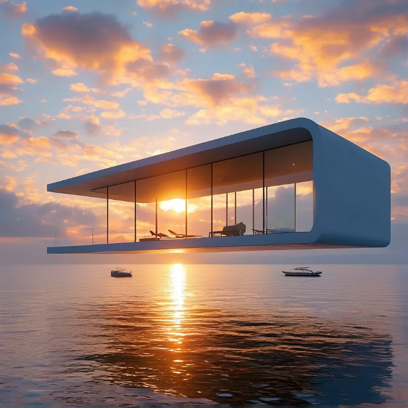 A white modernist box hovers over calm water, its glass wall framing the sunset while two small boats drift nearby.