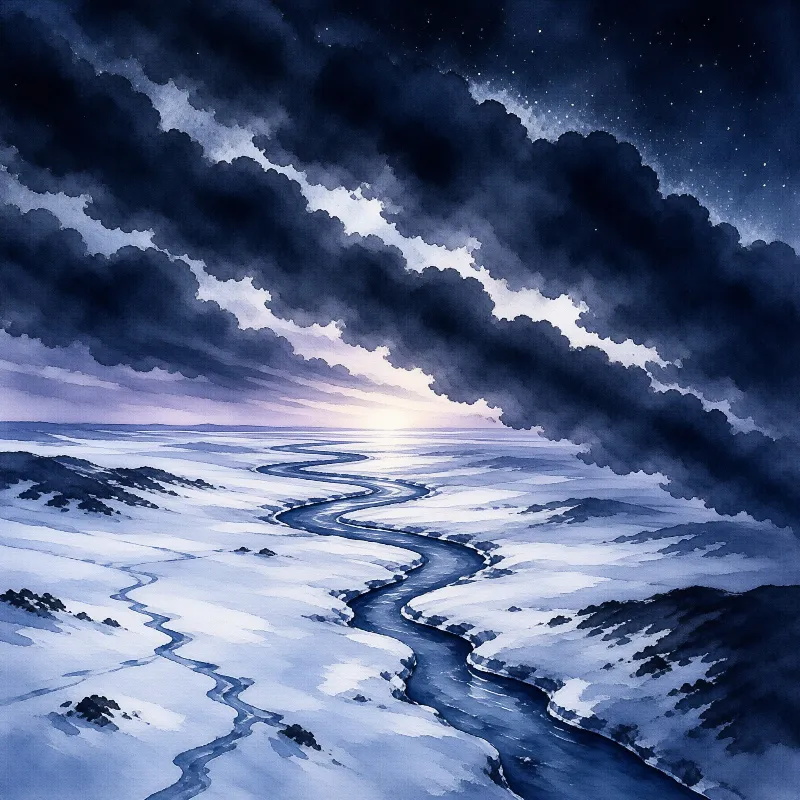 A dark blue river winds through a white snowy landscape beneath heavy clouds and a starry sky at twilight.
