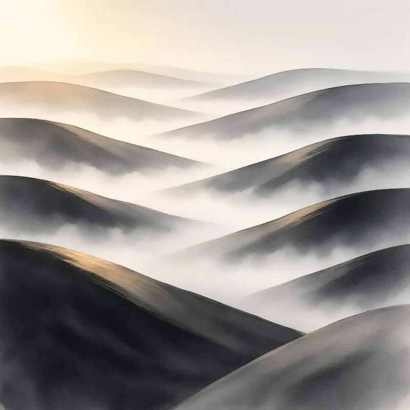 Smooth grey ridges overlap like brush strokes, their crests touched with warm light and their bases lost in milky mist.