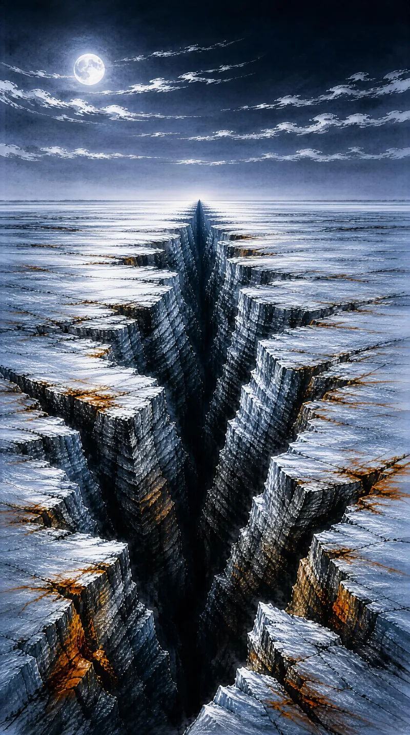 A vast, deep canyon with layered rock formations stretches across a flat, cracked surface under a moonlit night sky with scattered clouds.