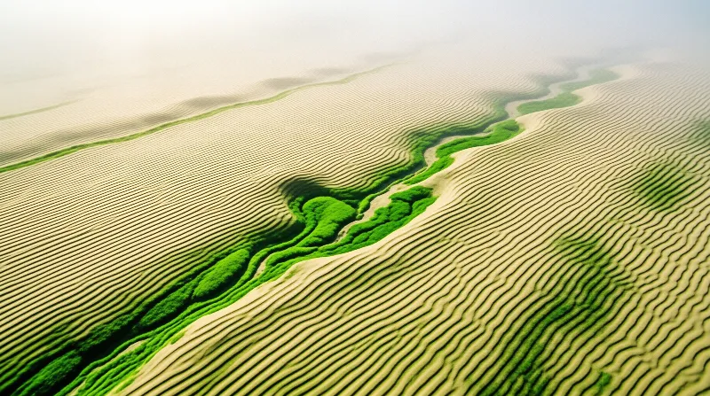 Aerial view of rhythmic sandy ridges interspersed with winding green vegetation strips under a soft hazy sky