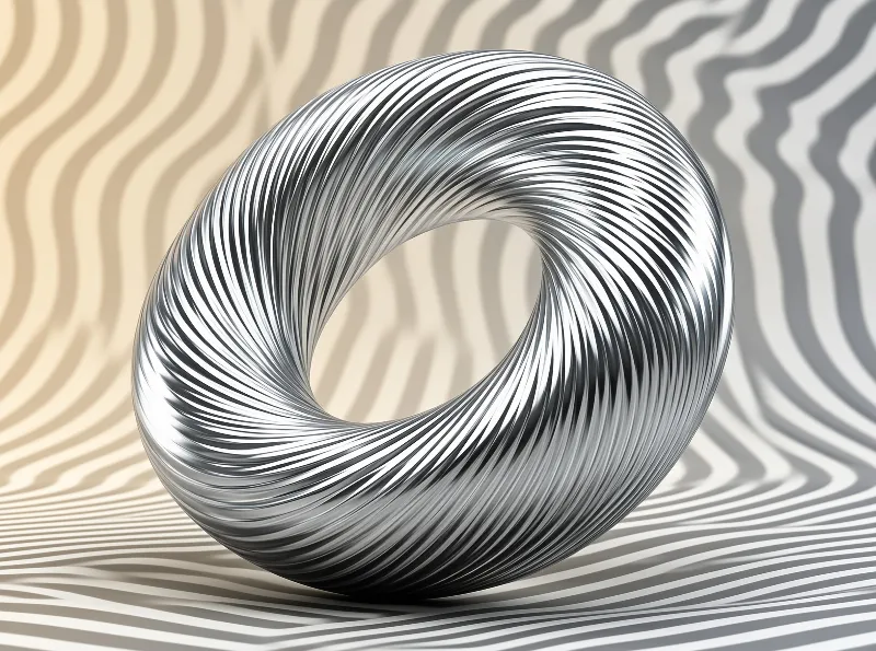 A polished metal ring with helical grooves rests on a surface featuring wavy zebra patterns illuminated by diffuse light.