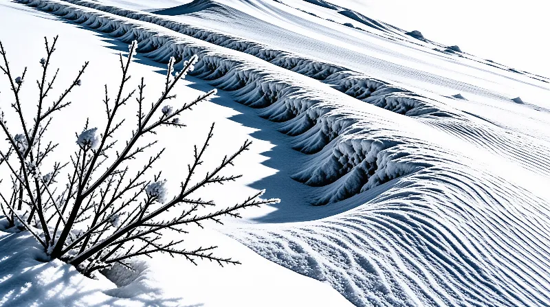 A leafless shrub stands beside rhythmic snow formations cast in sharp shadows by winter sunlight.