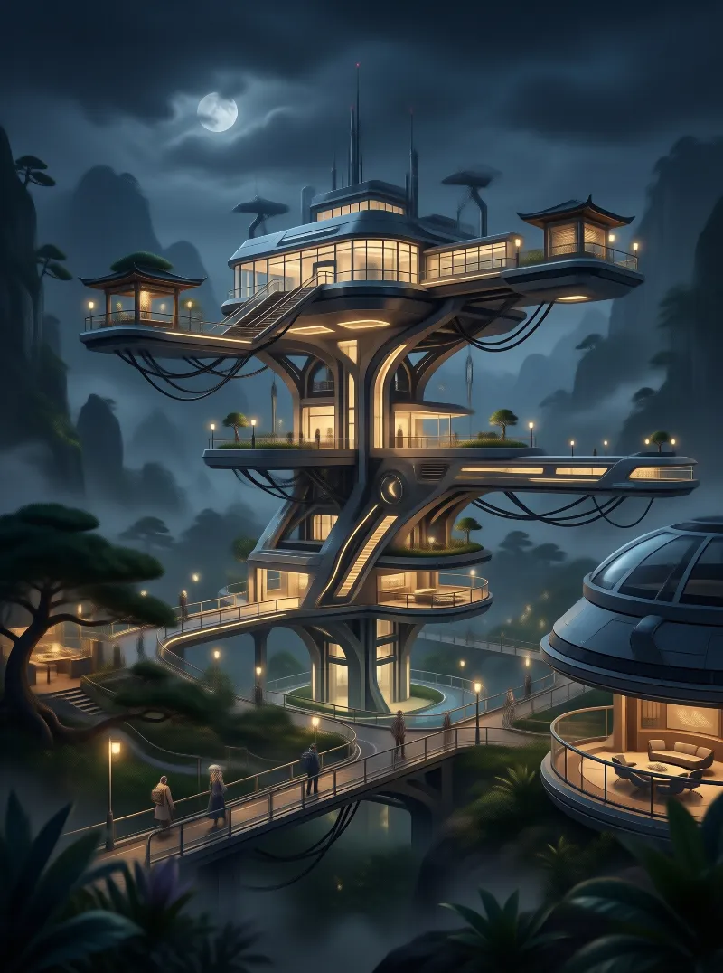 Moonlit Sci-fi Cliff Pavilion