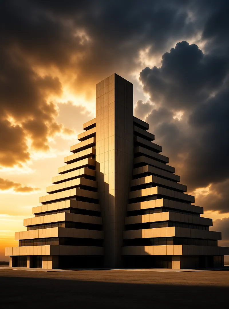 A stepped concrete tower shaped like a ziggurat rises against a glowing sunset sky filled with dark clouds.