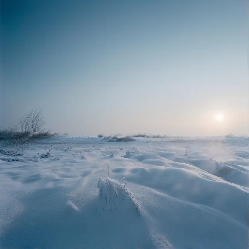 White snow blankets a quiet field with dried grasses while a pale sun rises near the horizon.