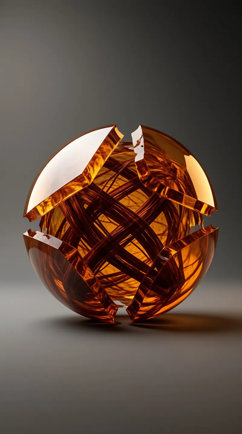 A split glossy brown sphere reveals a complex woven grid structure within its translucent shell.