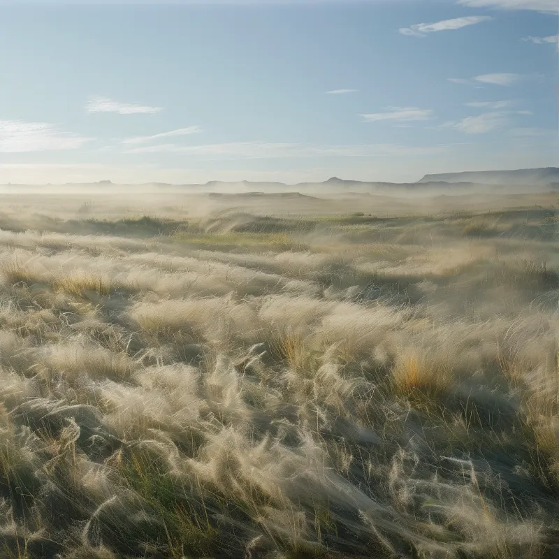 Feathery grasses cover a vast plain while low fog obscures the distant mountain range under a pale sky.