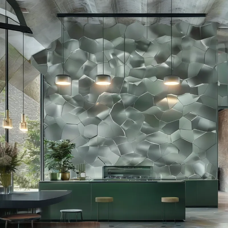 A wall of hammered polygonal steel panels catches pendant light above a deep green counter and stools.