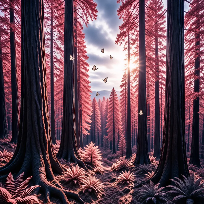 Tall dark tree trunks frame a sunlit path through a forest of pink foliage where butterflies fly.