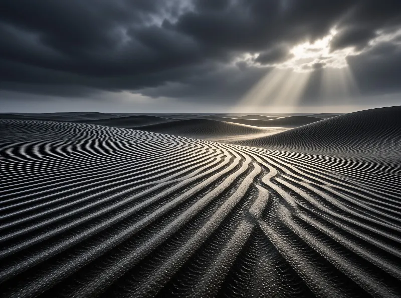 Black sand dunes with wind ripples stretch across a desert as sunbeams break through dark storm clouds.