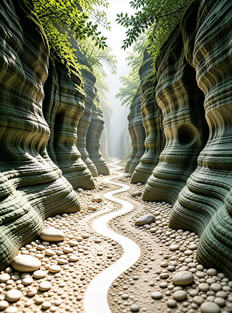 A narrow gorge between ridged rock walls, a pale stream winding over round stones under hanging green leaves