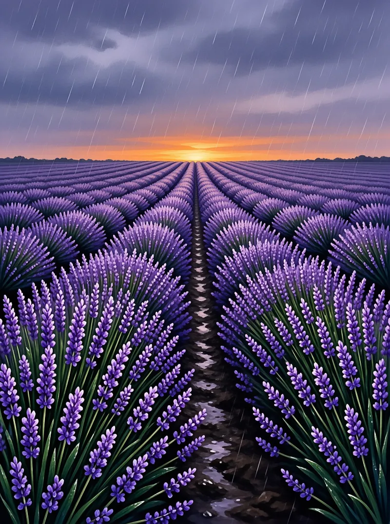 A vast plot of purple flowers stretches into the distance while rain falls against a glowing orange horizon line.