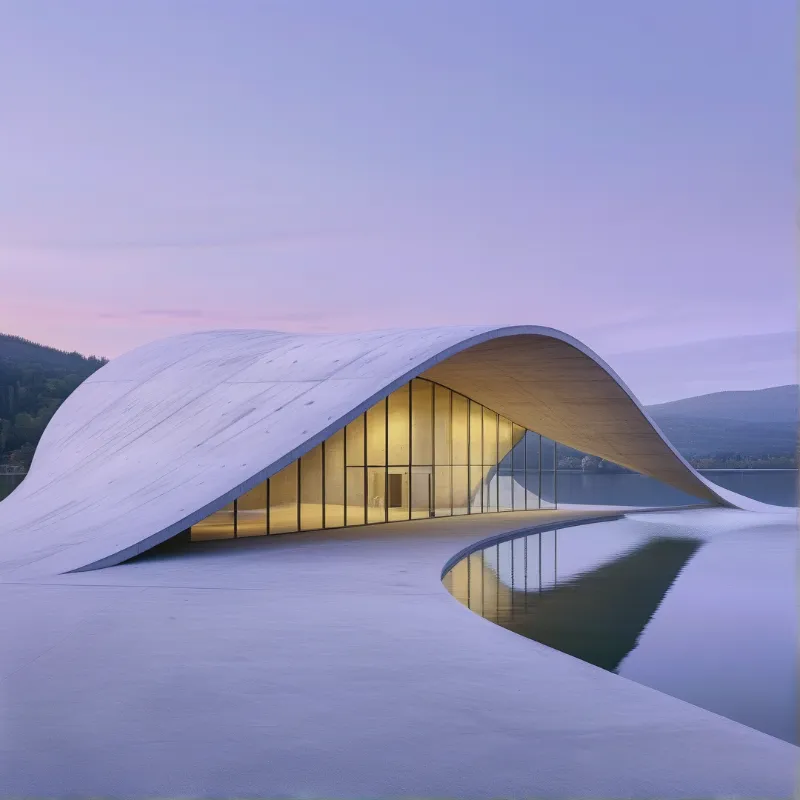 A sweeping white concrete canopy arches over a glowing glass pavilion beside a still lake under a soft lavender dusk.
